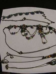 lot 343 image: blue flower rhinestone necklace, copper flower and beads, cross chain with 3 jewel drop dark chin with blue crystal drop