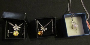 lot 340 image: 3 necklaces- dragonfly with orange stone, one with yellow stone, and silver with medallion