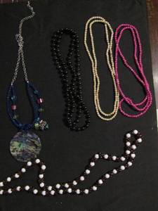 lot 346 image: Necklaces- Blue bead with multicolor disc 24, amber and white bead 20, pink bead 24 tan bead 24 black bead 24