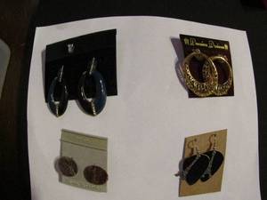 lot 360 image: Pierced earrings- gold hoop on gold ball, round brown marbled, blue and black oval and Eifel tower