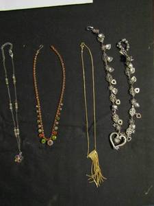 lot 350 image: Necklaces- heart silver 20, red stone with multicolor large stone 18 gold dcor chain, silver beaded chain with flower