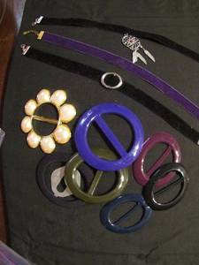 lot 352 image: 3 velvet chockers 2 black 1 purple, ladies plastic belt buckles x 5 and black fabric covered by Aston