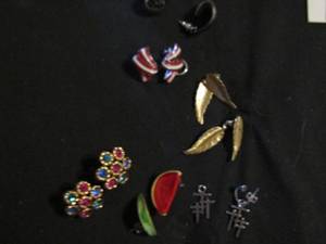 lot 401 image: Earrings- watermelon, red & white swirl, multi color, gold leaves, silver 12 hoop and crosses