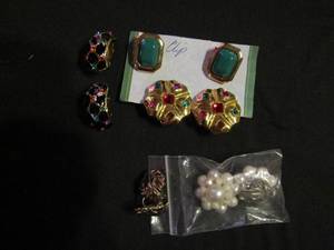 lot 396 image: Clip on earrings- multicolor on gold, green rectangle, multicolor 12 hoop, and multi pearl plus 1 silver pair of screw back