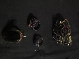 lot 398 image: Bronze bracelet with rhinestone, ring size 8 silver heart, gold with brown faceted stone size 7.5 and multicolor stone with silver setting size 8