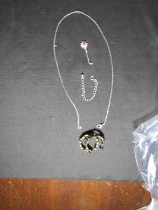 lot 376 image: Avon- heirloom pierced earrings hoop with jewels 1.25 and flower motif necklace pink silver chain