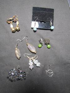 lot 384 image: Earrings- crystal bead, green bead, drop with smoky stones, blue bead, and dream catcher