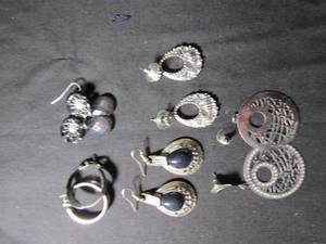 lot 393 image: Earrings- silver hoop, round pierced disk, black and silver drop silver jeweled teardrop