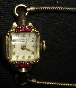 lot 394 image: Ladies Vintage Landau Watch 17 jewel  6 red stone on face,  Kestenmade Band - 120 12K G FE