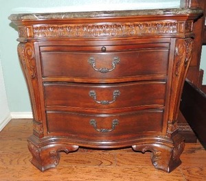 lot 7 image: CORTINA - Royal Cherry Bedside Tables  Slide out table, 3 drawers and marble top 31Hx34w x 18d  QTY 2