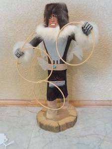 lot 41 image: Genuine Kachina doll  - Kachina doll- NAVAJO 16x18 - BELIEVE IT IS APACHE DANCER, Unmarked,   OLD MAN -Phyllis Holyfield Old Man  11   HOOP-Hoop on wooden stand 12x18  Kachina doll  by Marlid