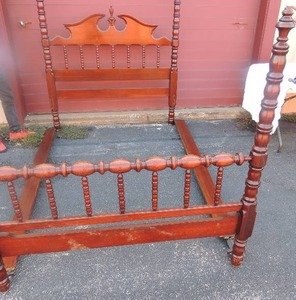 lot 9 image: Davis Cabinet Company  Aged Walnut Wooden BED SET  Headboard  64x56 footboard 56x55  -NOTE   HAS WATER DAMAGE AT BASE