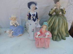 lot 123 image: ROYAL  DOULTON BO PEEP, KPM Porcelain doll  8 H  Napco Ceramic Girl doll with puppy 5.5,   and  Florence Ceramics Figurine