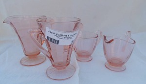 lot 136 image: Pink Depression Glass  - Creamer, Sugar, Pitcger  & Vase -  4 piece
