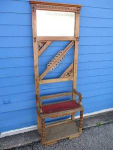 lot 39 image: Antique Hall Tree, With Mirror, Bottom Shelf, Bench, Mirror And Hooks For Coats, Hats, Bags, Etc.