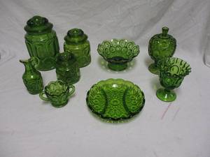lot 56 image: Lot- Green Glass Canasters, Candy Dishes, Bowls, And Others.