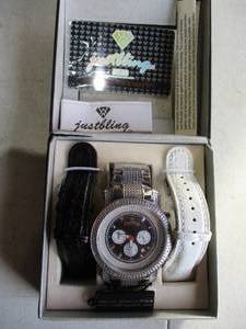 lot 70 image: New In Box-JUST BLING Chronograph, Water Resistant-100M, Day And Date Watch With 3-Interchangable Bands