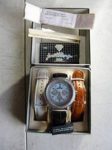 lot 71 image: New In Box-JUST BLING Chronograph, Water Resistant-100M, Day And Date Watch With 3-Interchangable Bands