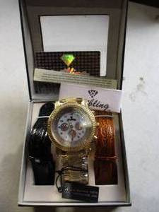 lot 72 image: New In Box-JUST BLING Chronograph, Water Resistant-100M, Day And Date Watch With 3-Interchangable Bands