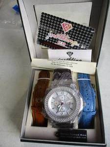 lot 73 image: New In Box-JUST BLING Chronograph, Water Resistant-100M, Day And Date Watch With 3-Interchangable Bands