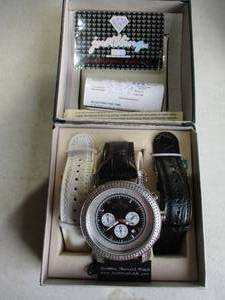 lot 74 image: New In Box-JUST BLING Chronograph, Water Resistant-100M, Day And Date Watch With 3-Interchangable Bands