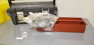 lot 195 image: STANLEY 26 TOOLBOX, RED METAL TOOLBOX AND A JACKSON SAFETY HEADGEAR AND ADAPTER