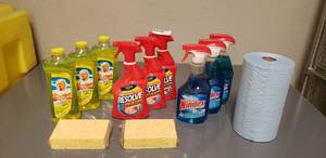 lot 210 image: Cleaning Lot Mr. Clean, Resolve and Windex with paper towels and 2 sponges