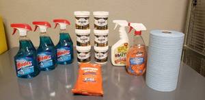 lot 211 image: Assorted Cleaning Lot Windex, Full Bore Hand Scrub, Krud Kutter, Orange Oil Eater and Paper Towels