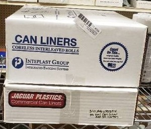 lot 208 image: Commercial Trash Can Liners, 2 Boxes (Jaguar is 33 Gallon bags, Other says 24x31)