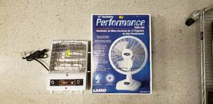 lot 133 image: 12 OSCILLATING TABLE FAN, EASY ASSEMBLY, 3 QUIET SPEEDS, 6 POSITION PIVOT AND MARKEL HEATER RADFAN FORCED HEATER, 3-HEAT SETTINGS 600W RAD, 900W FAN FORCED, 1500W RADFAN FORCED, 120V, 1-PH, 5120 BTUs, WEIGHS 9#s, 6L, 3 COND. CORD 11Wx15Hx12D
