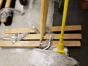 lot 174 image: BROOM AND MOP SET (3 BROOMS WITH HARDWARE, 1 MOP WITH EXTRA MOP HEAD)