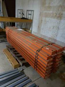 lot 335 image: TEARDROP PALLET RACK SHELVING SIDE BARS (17 TOTAL) and ONE BLUE SIDE RAIL FOR TEAR DROP PALLET RACK