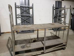 lot 338 image: ROLLING 5 WHEEL CART WITH 2 SHELVES W80 X D28 X H66, BOTTOM SHELF H24, TOP SHELF SIDE RAILS 26