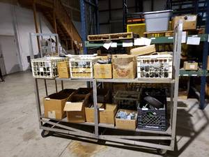 lot 301 image: ROLLING 5 WHEEL CART WITH 2 SHELVES W80 X D28 X H66, BOTTOM SHELF H24, TOP SHELF SIDE RAILS 26Cart Only Contents NOT included)