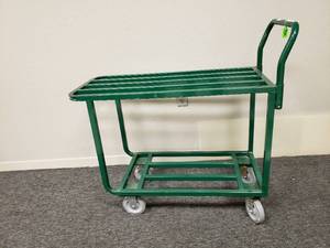lot 126 image: 2 SHELF STOCKING CART, CONSTRUCTED OF 1SQ. STEEL TUBING FRAME AND 1 ROUND TUBING HANDLESHELF SUPPORTS, 16Wx36L