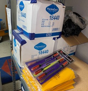 lot 451 image: PERMAGARD SHOE COVERS (3 CASES), DURAWEAR PVC APRONS, 2 SETS OF SCREWDRIVERS