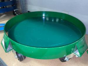 lot 455 image: HD GREEN 30GL BARRELL DOLLY WITH SOLID PLT INSERT AND SWIVEL CASTERS, GREEN (2 TOTAL)