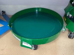 lot 457 image: HD GREEN 30GL BARRELL DOLLY WITH SOLID PLT INSERT AND SWIVEL CASTERS, GREEN   and  4-LEG DOLLY FRAME FOR 30 DIAMETER PEDESTAL FAN ROUND METAL BASE (2 total)