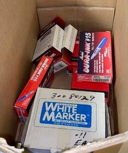 lot 577 image: 2 Boxes Trailer American Locks, 2 Boxes of Lumber Crayons, 1 Box Dura-ink Blue markers, 1 Box of Natural White Marker SoapStone