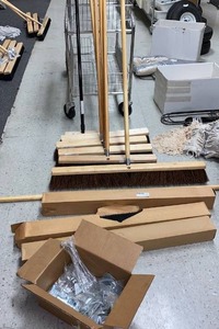 lot 438 image: Large Broom Lot 3 large Black Tampico Push Broom Heads #36, 36 Brown , 4-24 Brown, 1 yellow Deck Brush, plus hardware and extra handle.