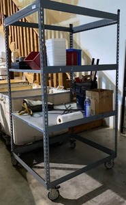 lot 618 image: Gray Shelving on Wheels  W42 x D36 x H78  with 4 Locking Swivel Casters  5 Wheels