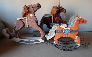 lot 64 image: THREE WOODEN TABLETOP ROCKING HORSE - 2 NEED MINOR REPAIR