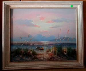 lot 161 image: BEAUTIFUL OIL PAINTING OF SOFT PINK SKY OVER WATER