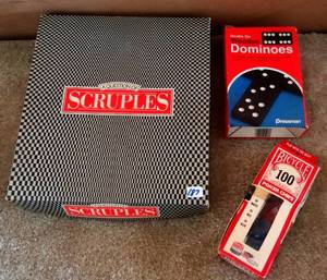 lot 187 image: VINTAGE PARTY GAMES OF SCRUPLES, DOMINOES, AND POKER CHIPS