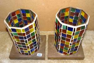 lot 266 image: PAIR OF 70S STYLE GLASS TILE CANDLE HOLDERS