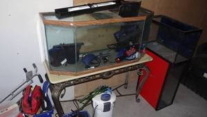 lot 274 image: FISH TANK SETUPS WITH PUMPS, HOSES, ACCESSORIES, ROCKS, AS SHOWN WITH METAL STAND