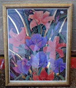 lot 278 image: LOVELY FLORAL PRINT IN WOODEN FRAME AND GLASS