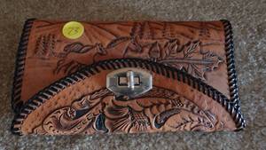 lot 73 image: NICE HAND STAMPED LEATHER CLUTCH PURSE WITH NAMKE JAN