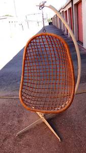 lot 107 image: AMAZING 70S CANE SWING CHAIR WITH HEAVY METAL STAND