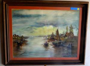 lot 2 image: Vintage Large Custom Framed Sea Print signed by Bolinger under matte and glass